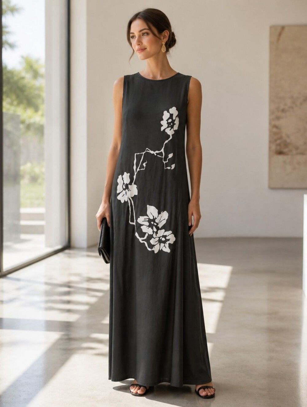 Ronni Nicole Black Maxi Dress with White Floral Appliqué